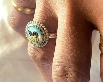 Anillo de plata de ley con querubín de finales de la época victoriana, ángel antiguo de Rafael, esmalte, regalo para CHERISH US 8.5