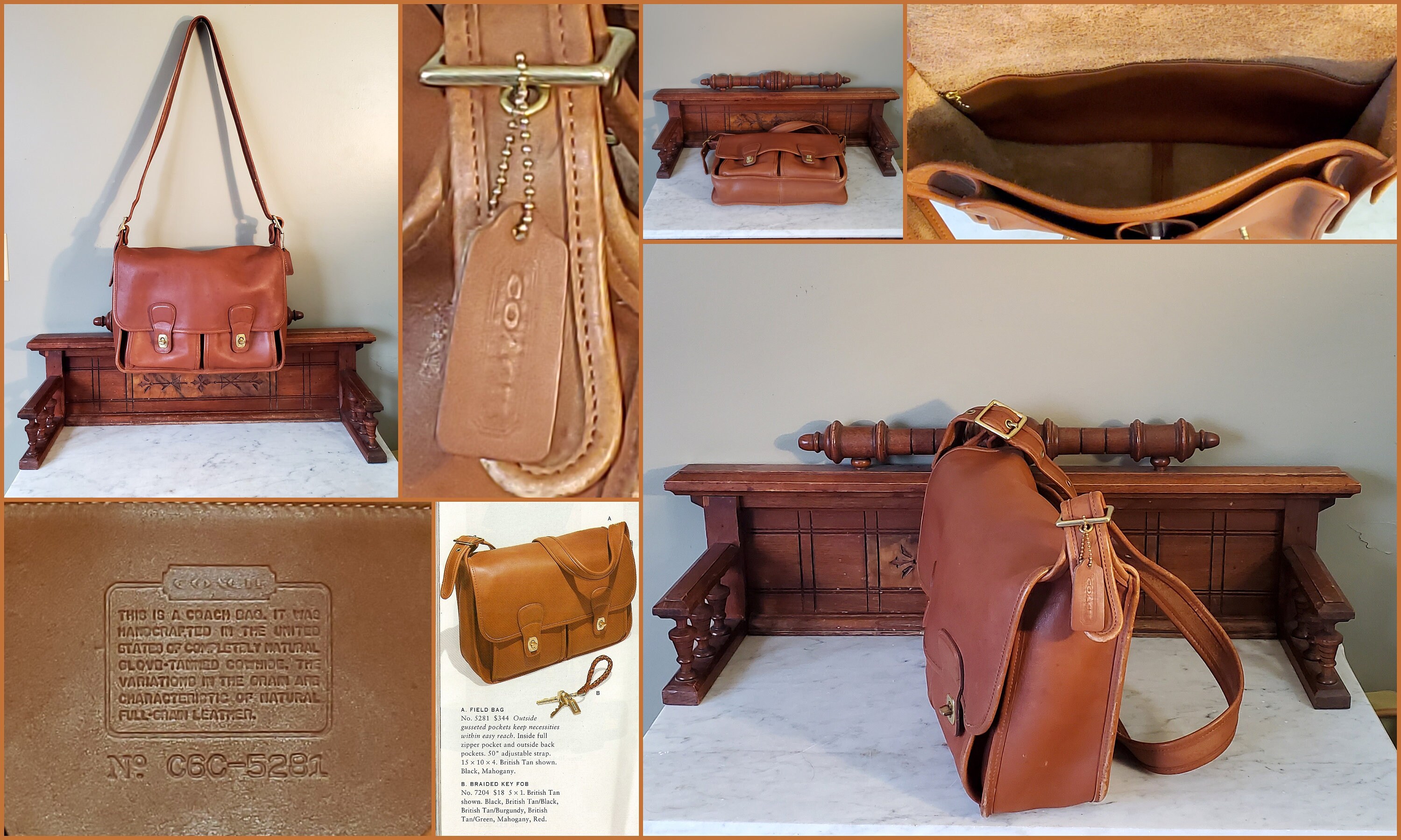 Vintage Coach Field Bag British Tan Leather & Brass Hardware With 