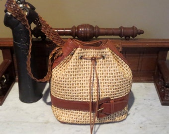 SALE Vintage Woven Drawstring Belt Bag With British Tan Leather Trim- Made In Italy- EUC