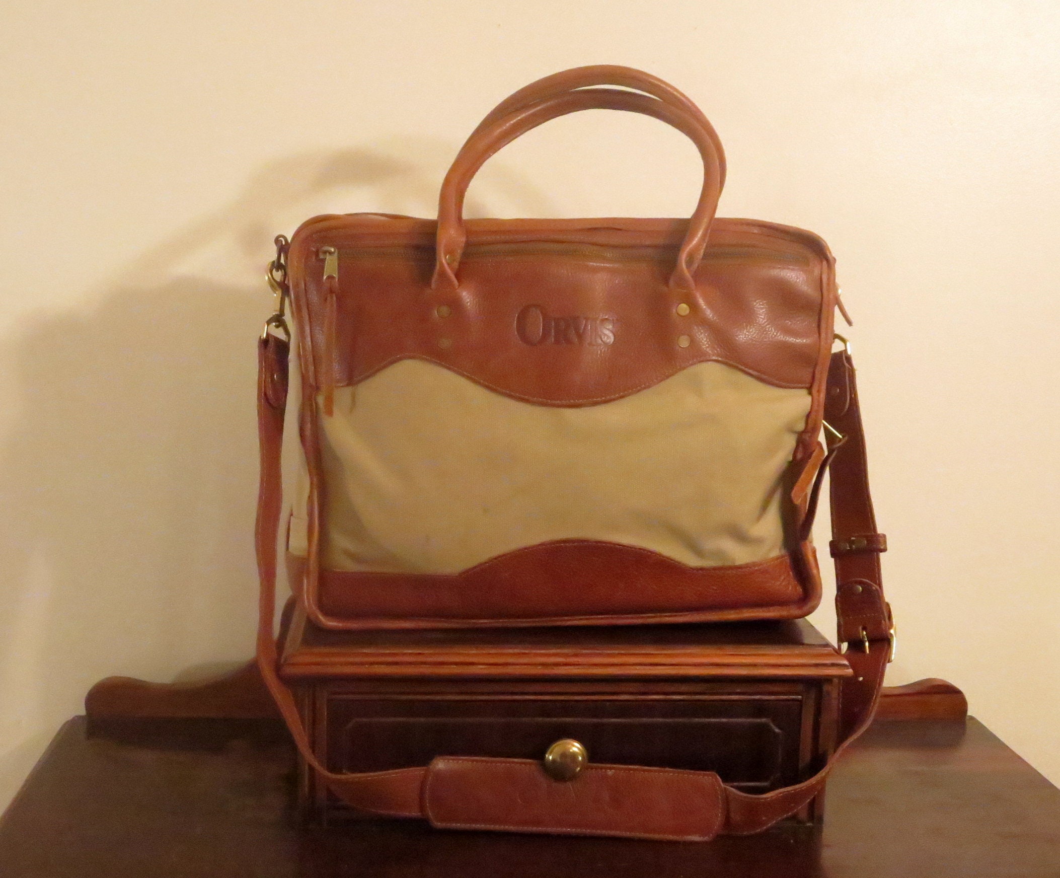 Sale Vintage Orvis Overnight Travel Briefcase Tan Canvas and Brown