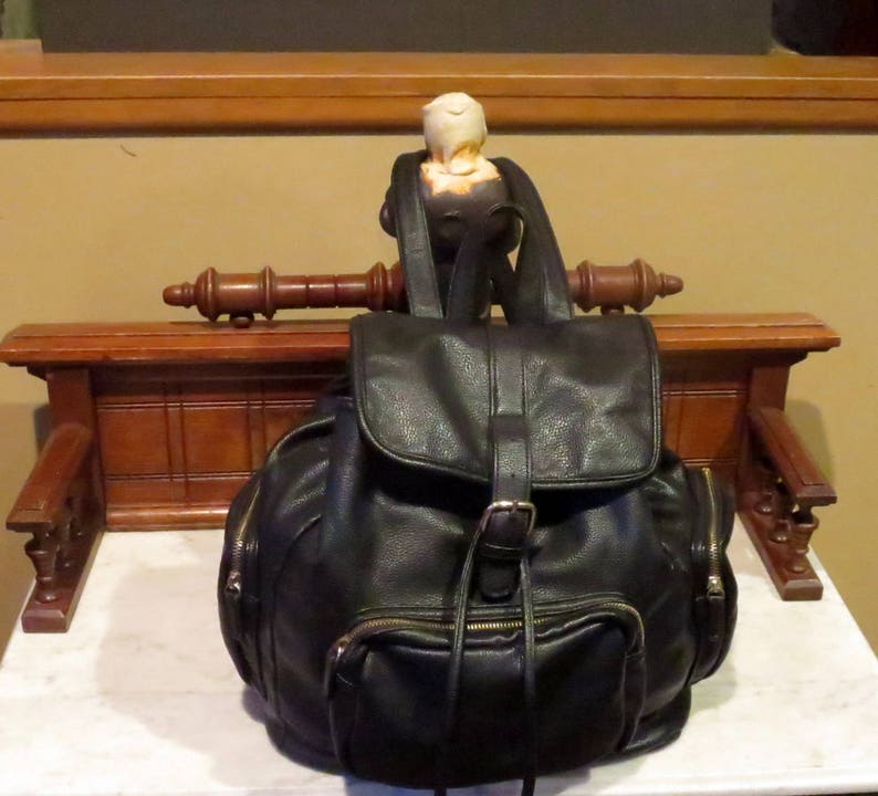 Vintage Black Leather Backpack With Silver Tone Hardware Etsy