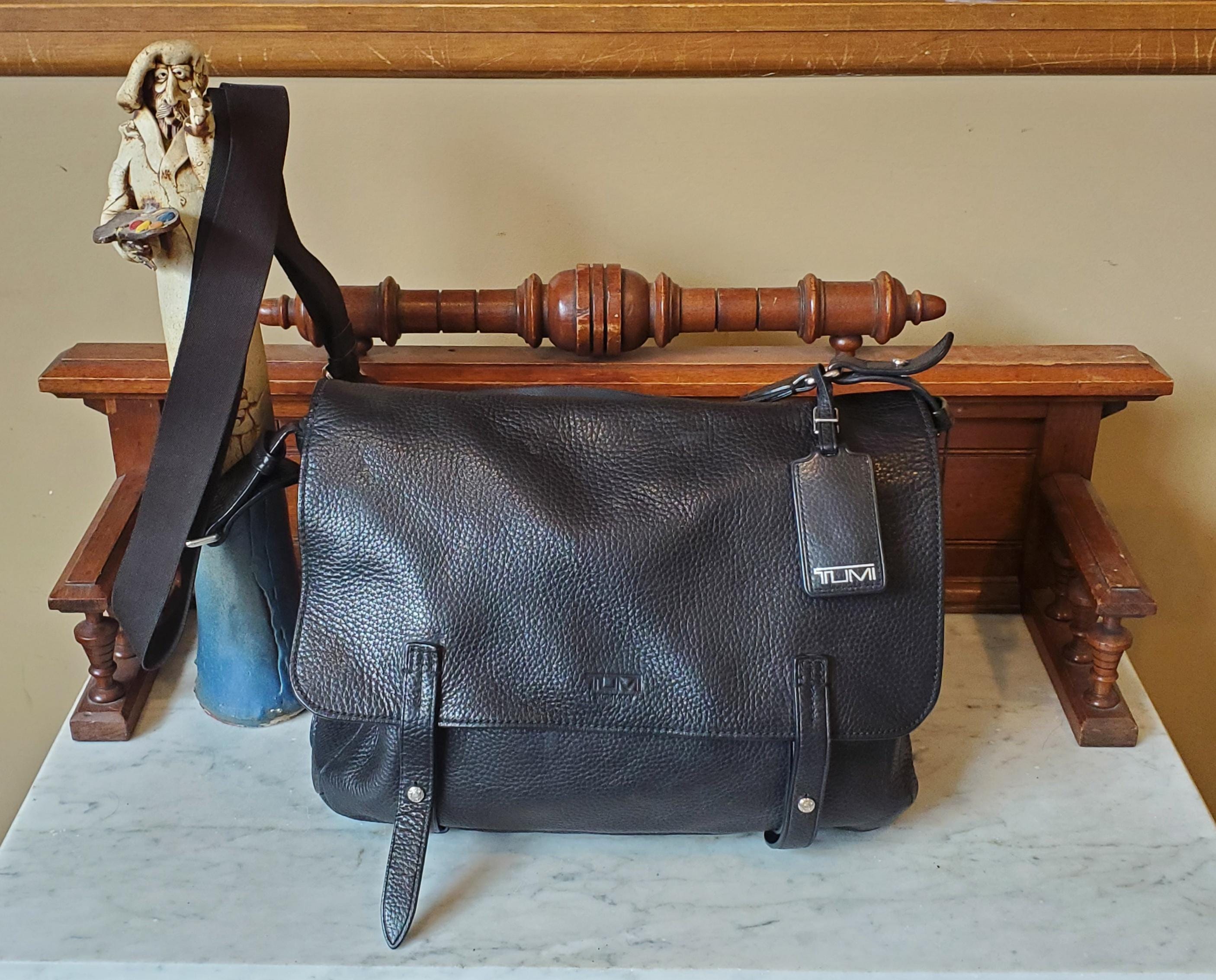 Vintage Tumi Black Pebbled Leather Briefcase, Silver Hardware, Adjustable Strap