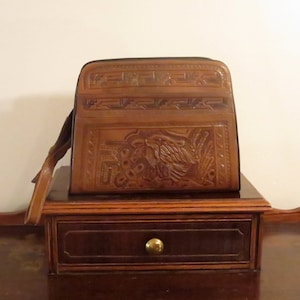 Tooled Brown Leather Multi Zippered Compartment Handbag With Aztec Eagle Warrior And Sun Stone Patterns - VGC