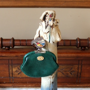 Koret Double Kisslock Coin Purse In Green Leather With Brass Hardware- Made In USA - G.U.C.