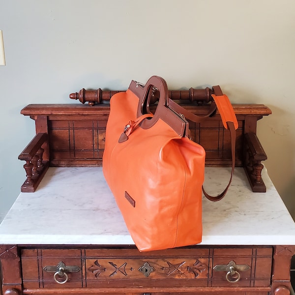 Vintage Louis Cardini leren aktetastas, oranje draagtas, bruine afwerking