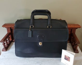 SALE Vintage Coach Gladstone Style Briefcase With Large Laptop Sized Side Pocket, Black Leather, Brass Hardware Style 5215 Made In Italy VGC