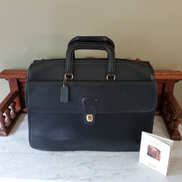 SALE Vintage Coach Gladstone Style Briefcase With Large Laptop Sized Side Pocket, Black Leather, Brass Hardware Style 5215 Made In Italy VGC