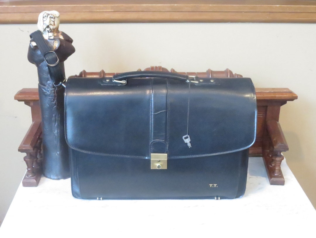 Geoffrey Beene Briefcase in Black Navy Leather With Carrying Strap and Brass Hardware Including Key VGC Etsy