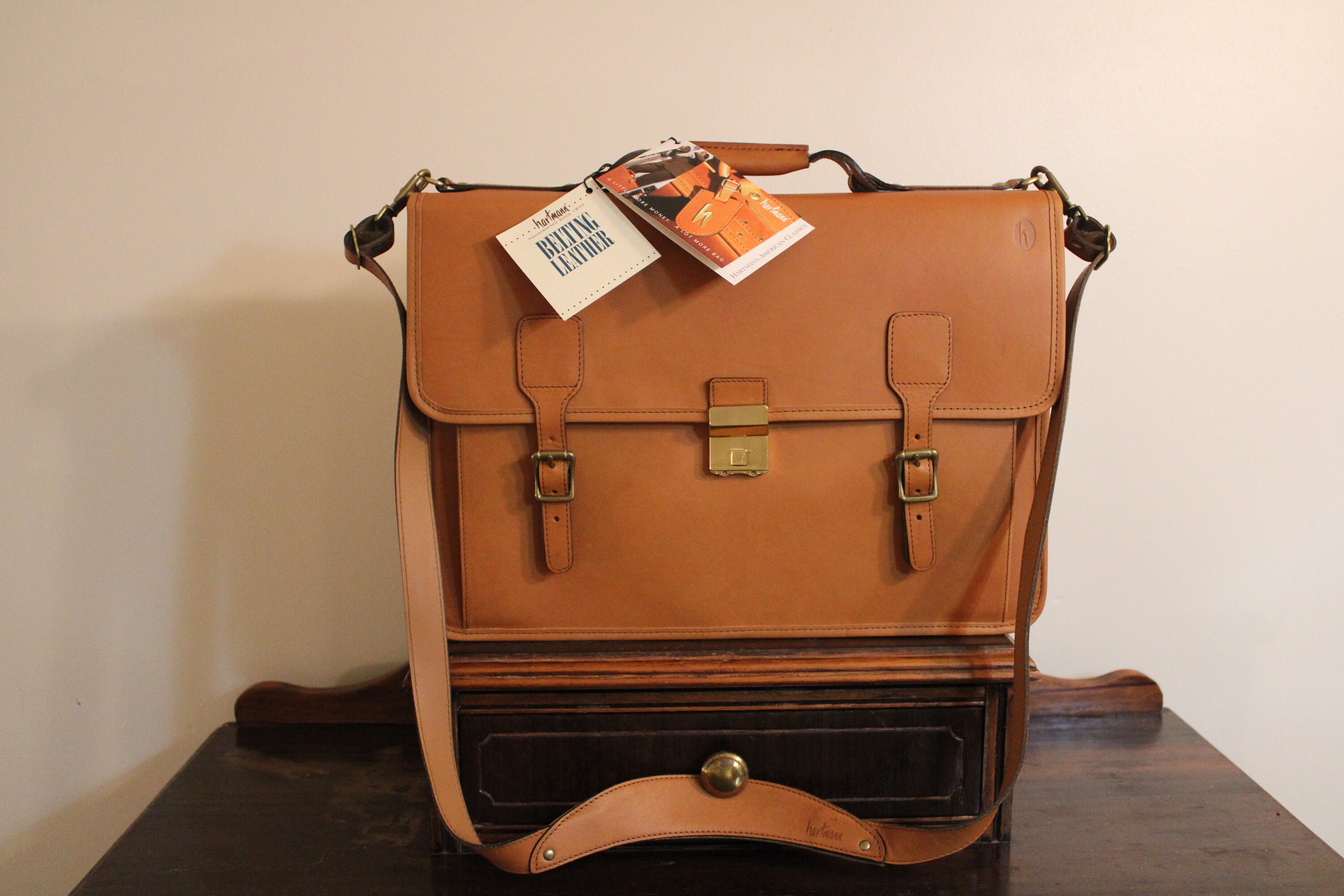 Vintage Hartmann Belting Tan Leather Retractable Handle Portfolio Briefcase