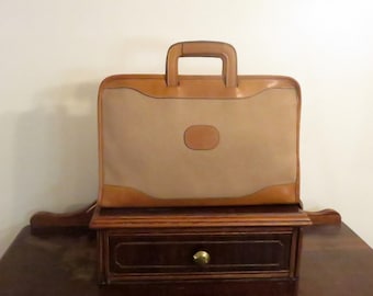 SALE Vintage Brahmin Leather Works Attache Briefcase In Canvas And Chestnut Leather With Retractable Handles - VGC