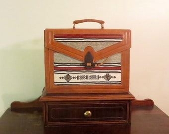 African Briefcase In Tan Leather With Tribal Pattern Panels And Engraved Relief Of African Continent -VGC - Very Cool