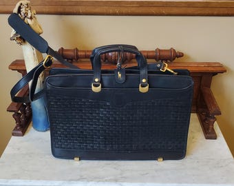 vintage Hartmann By Lombardo Porte-documents multi-poches en cuir palmé noir Finitions dorées Deux poignées et bandoulière Fabriqué aux États-Unis VGC