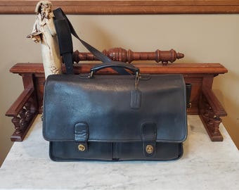 Vintage  Coach Prescott Briefcase In Black Leather & Brass Hardware With Crossbody Strap Style No 5275- Made in U.S.A. - VGC