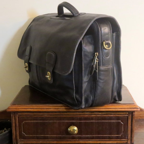 Vintage Coach Leder Organizer Trial Rechtsanwälte Aktentasche aus schwarzem Leder mit Messing-Hardware & abnehmbarer Crossbody-Riemen - Style 0532 - VGC