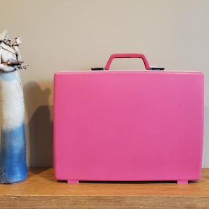 May include: A bright pink rectangular hard-shell carrying case with a matching pink handle and silver-toned metal latches, positioned next to a tall, slender ceramic sculpture featuring a white top and a blue-toned base.
