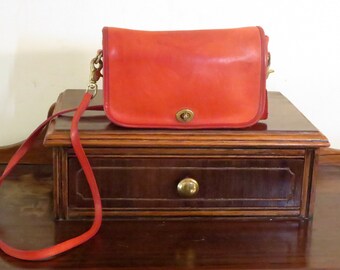 Dads Grads Sale Coach Pocket Purse In Red Leather And Brass Hardware with Cross Body Strap Style No 9755- Made In United States- VGC