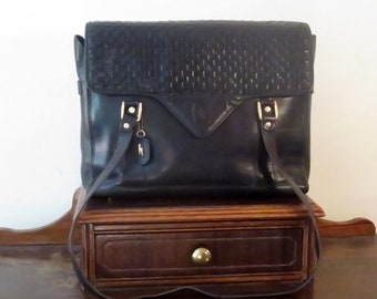 Dads Grads Sale Hartmann Womens Black Webbed Leather Briefcase Tote With Gold Tone Hardware -VGC