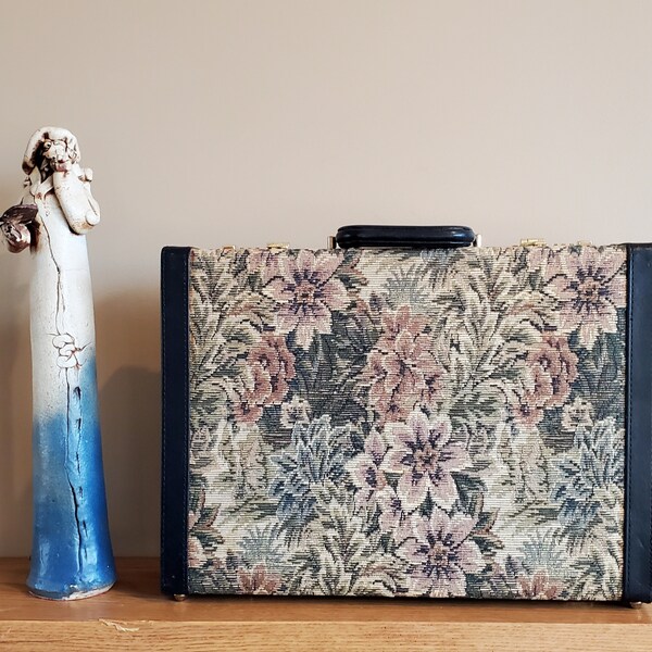 SALE Vintage Floral Tapestry Briefcase With Black Leather Trim, Brass Hardware And Combination Lock- EUC