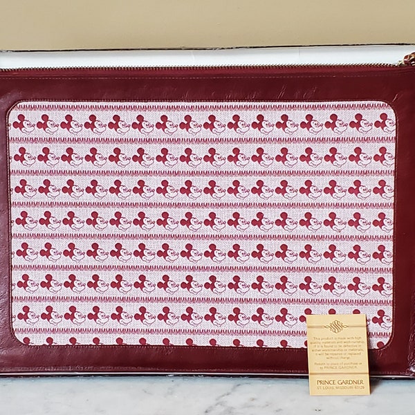 Sale Vintage Prince Gardner NEVER USED Mickey Mouse Embroidered Burgundy Leather Portfolio With Brass Zipper U.S.A. Made N I B With Tags
