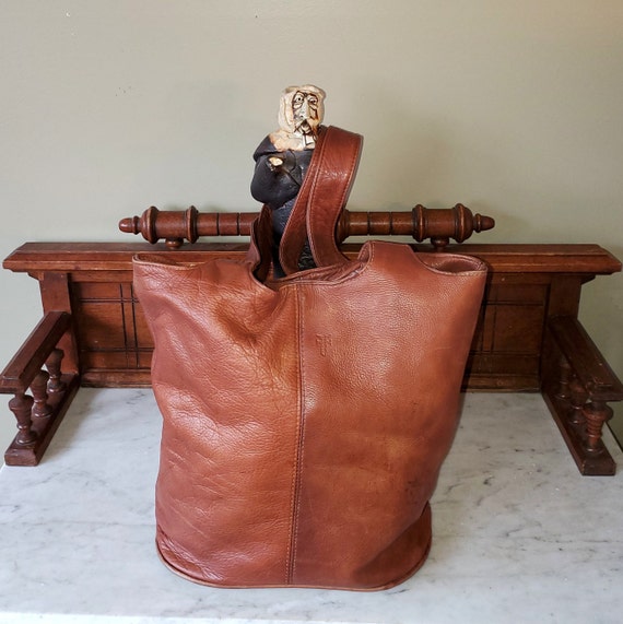 Frye Cognac Brown Leather Ring Buckle Large Tote Shoulder Bag