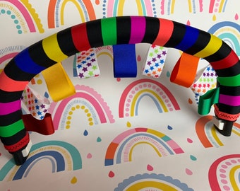 Rainbow and black striped pattern bumper bar cover with taggies made to fit Bugaboo Fox Donkey Cameleon iCandy Peach Orange and more