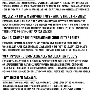 May include: Image of a document titled "F.A.Q." with text addressing sizing, processing, shipping, customization, returns, and lost packages. The document provides details on various shop policies and customer service information.