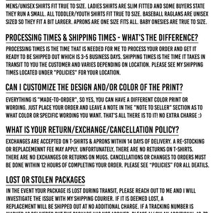 May include: A black and white text-based FAQ document with information about sizing, processing times, shipping times, customisation, return and exchange policies, and lost or stolen packages. The document includes the text "F.A.Q." at the top.