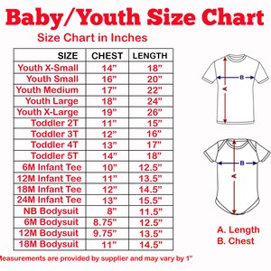 Puede incluir: Una tabla de tallas para ropa de beb&eacute; y ni&ntilde;o, que muestra las medidas de pecho y largo en pulgadas para diferentes tallas, incluyendo tallas de ni&ntilde;o X-peque&ntilde;a a X-grande, tallas de ni&ntilde;o peque&ntilde;o 2T a 5T, y camisetas y bodies para beb&eacute;s.