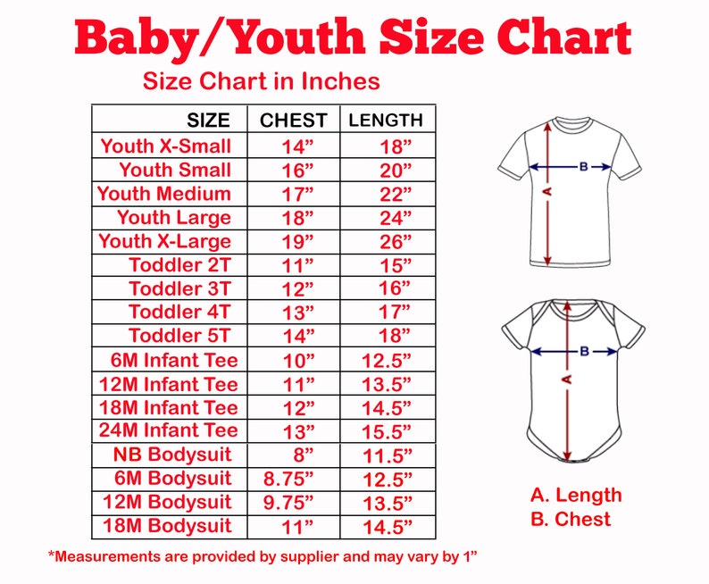 Puede incluir: Una tabla de tallas para ropa de beb&eacute; y ni&ntilde;o, que muestra las medidas de pecho y largo en pulgadas para diferentes tallas, incluyendo tallas de ni&ntilde;o X-peque&ntilde;a a X-grande, tallas de ni&ntilde;o peque&ntilde;o 2T a 5T, y camisetas y bodies para beb&eacute;s.