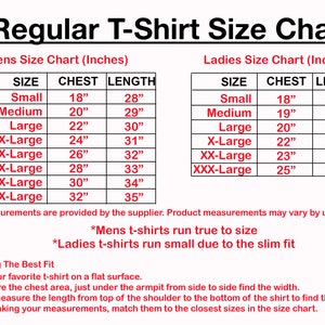 May include: A size chart for t-shirts, showing chest and length measurements in inches for both men's and women's sizes. The chart includes sizes from small to XXX-Large. The text states that men's t-shirts run true to size, while women's t-shirts run small due to the slim fit.