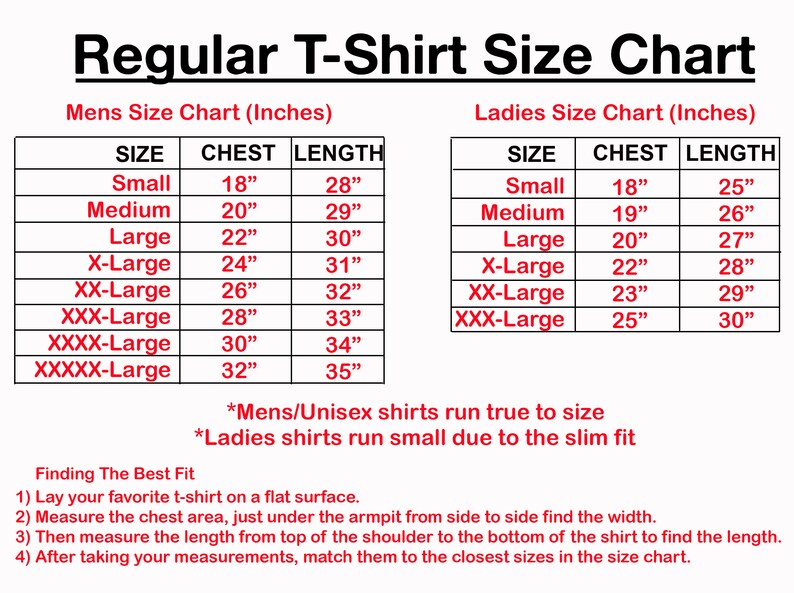May include: A regular t-shirt size chart with measurements in inches. The chart includes sizes for men's/unisex and ladies' shirts, detailing chest and length measurements for each size from Small to 5X-Large. Instructions on how to measure for the best fit are also included.