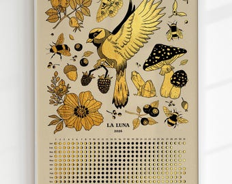 Calendário Lunar Imprimível de 2026, Gráfico das Fases da Lua e Ilustração Botânica Dourada, Pôster Artístico com Desenho de Flor Boho, Cogumelo e Abelha