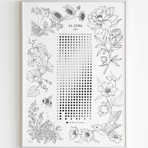 Calendario lunar floral 2025, cuadro de fases lunares para colorear e imprimir, ilustración de margaritas y peonías, póster con dibujo de arte lineal botánico