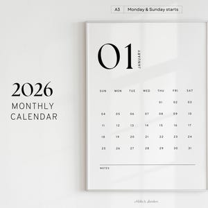 Calendrier mensuel minimaliste 2026, modèle de calendrier imprimable moderne, aperçu du mois, début du lundi/dimanche, A4/Lettre, téléchargement immédiat