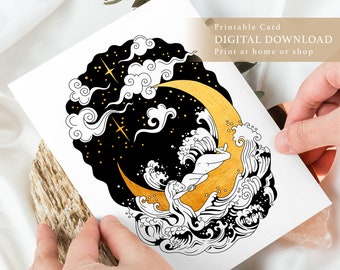 Printable Gold Crescent Card, Birthday Moon Drawing Card, Instant Download Fairy Greetings Card, Print at Home Greetings Card