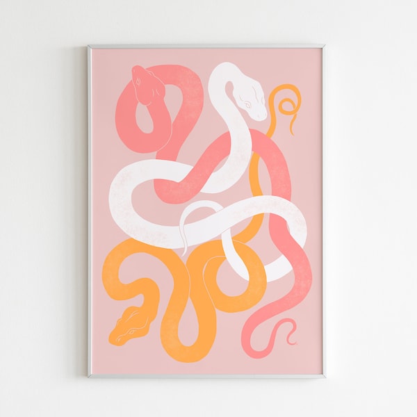 Décoration murale imprimable serpent bohème rose, impression d'illustration serpent sorcière du milieu du siècle, affiche de dessin indépendant, oeuvre d'art minimaliste bohème