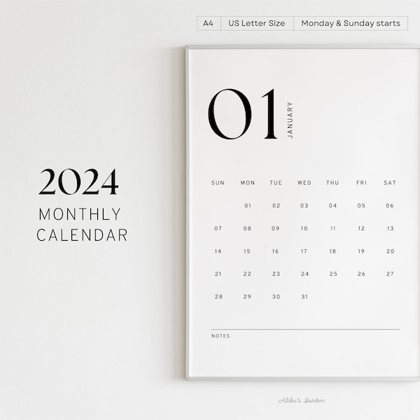 2024 Monthly Minimalist Calendar, Modern Printable Calendar Template, Month at a Glance, Monday/Sunday Start, A4/Letter, Instant Download