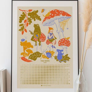 Calendário lunar de conto de fadas de 2026, gráfico de fases lunares para impressão, impressão de ilustração de animais e cogumelos da floresta, pôster de arte de desenho botânico escandinavo