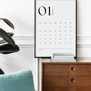 Calendário minimalista mensal 2026, modelo de calendário moderno para impressão, resumo do mês, início segunda/domingo, formato A4/carta, download instantâneo imagem 3