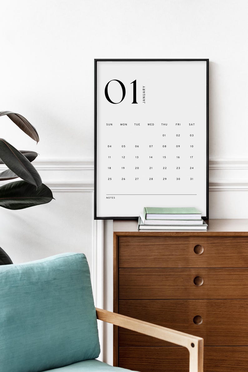 Calendário minimalista mensal 2026, modelo de calendário moderno para impressão, resumo do mês, início segunda/domingo, formato A4/carta, download instantâneo imagem 3