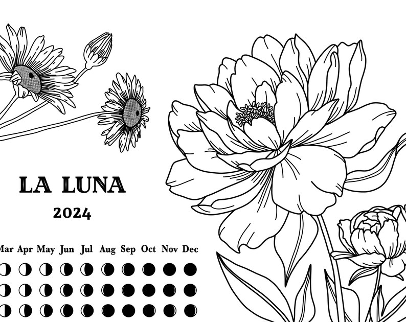 2024 Floral Lunar Calendar Printable Coloring Moon Phases Etsy