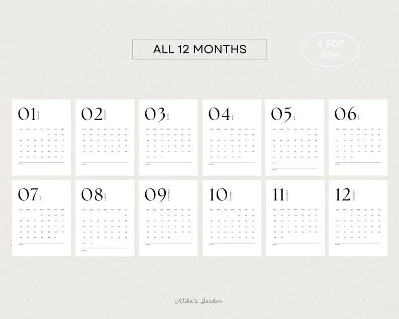 Calendário minimalista mensal 2026, modelo de calendário moderno para impressão, resumo do mês, início segunda/domingo, formato A4/carta, download instantâneo imagem 2
