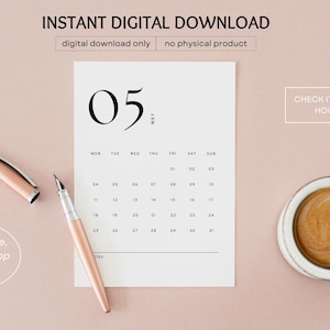 Calendário minimalista mensal 2026, modelo de calendário moderno para impressão, resumo do mês, início segunda/domingo, formato A4/carta, download instantâneo imagem 6