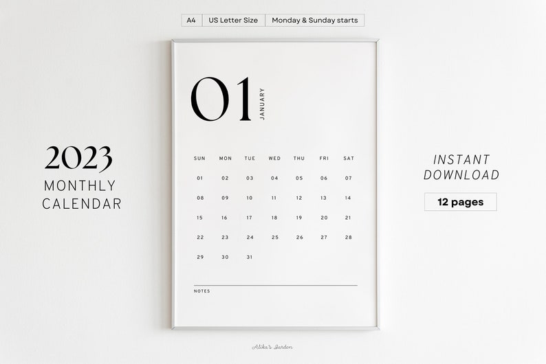 2023 Monthly Minimalist Calendar Modern Printable Calendar - Etsy