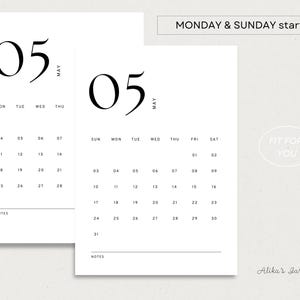 Calendário minimalista mensal 2026, modelo de calendário moderno para impressão, resumo do mês, início segunda/domingo, formato A4/carta, download instantâneo imagem 5