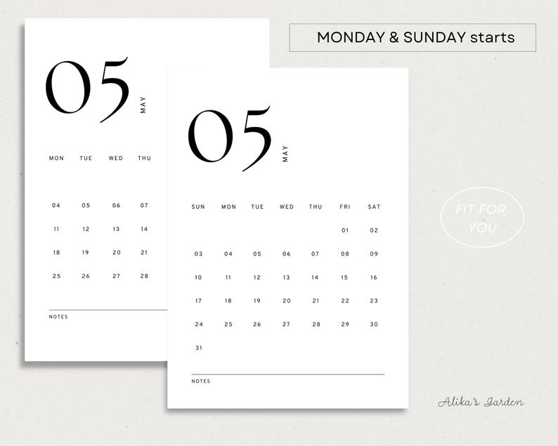 Calendário minimalista mensal 2026, modelo de calendário moderno para impressão, resumo do mês, início segunda/domingo, formato A4/carta, download instantâneo imagem 5