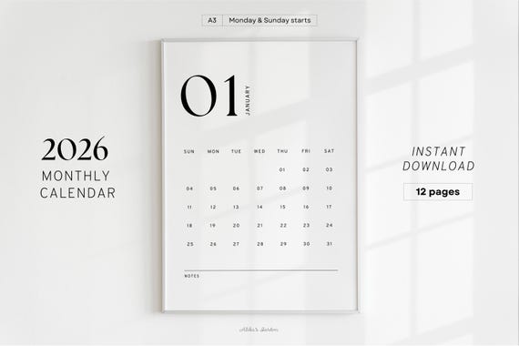 2026 Monthly Minimalist Calendar, Modern Printable Calendar Template, Month at a Glance, Monday/Sunday Start, A4/Letter, Instant Download