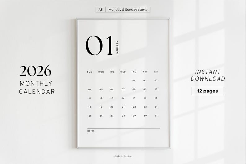 Calendário minimalista mensal 2026, modelo de calendário moderno para impressão, resumo do mês, início segunda/domingo, formato A4/carta, download instantâneo imagem 1