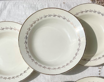6 DIGOIN and SARREGUEMINES porcelain soup plates &quot;SUZY&quot; model 1950 - Vintage French porcelain - White gold flowered plates