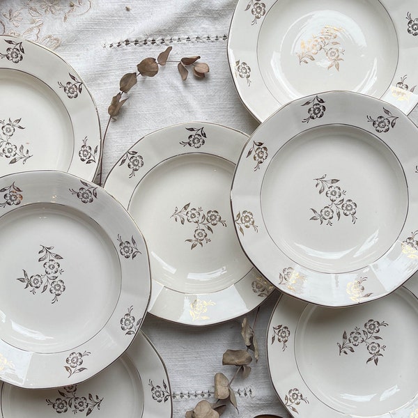 7 Assiettes creuses porcelaine vintage DIGOIN SARREGUEMINES modèle RAPHAEL motif fleurs dorées - Vaisselle vintage - Assiette à soupe dorée